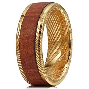 THREE KEYS JEWELRY 8mm Koa Wood Bubinga Ebony Inlay Damascus Steel Mens Wedding Ring Black Gold Band